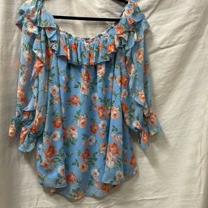 NWOT EST. 1946 blue and orange floral off shoulder ruffled blouse 3/4 sleeve